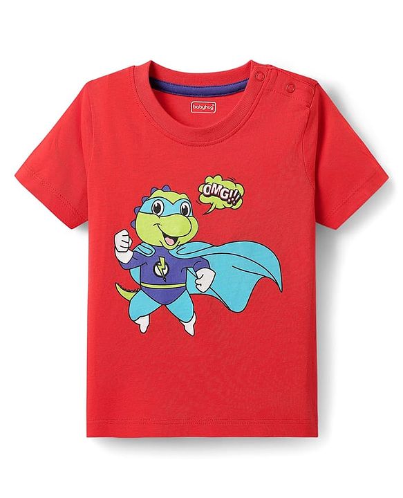 Babyhug Cotton Knit Half Sleeves T-Shirts with Dino Print & Stripes Pack of 3 - Navy Blue & Red