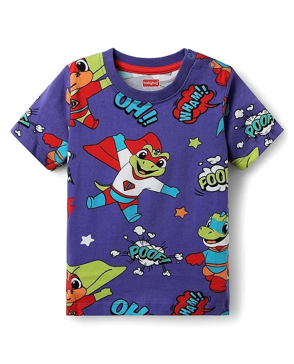 Babyhug Cotton Knit Half Sleeves T-Shirts with Dino Print & Stripes Pack of 3 - Navy Blue & Red