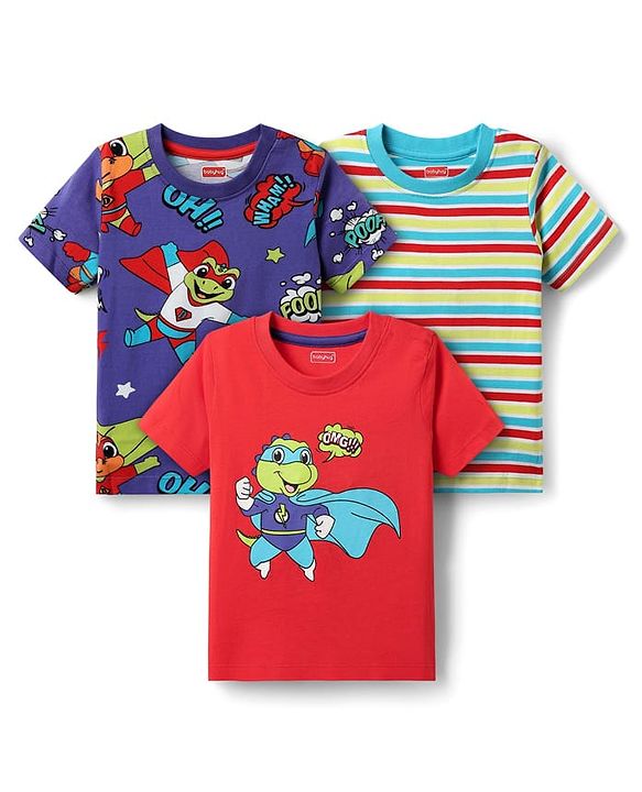 Babyhug Cotton Knit Half Sleeves T-Shirts with Dino Print & Stripes Pack of 3 - Navy Blue & Red