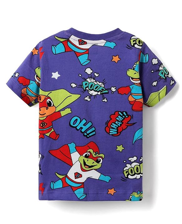 Babyhug Cotton Knit Half Sleeves T-Shirts with Dino Print & Stripes Pack of 3 - Navy Blue & Red