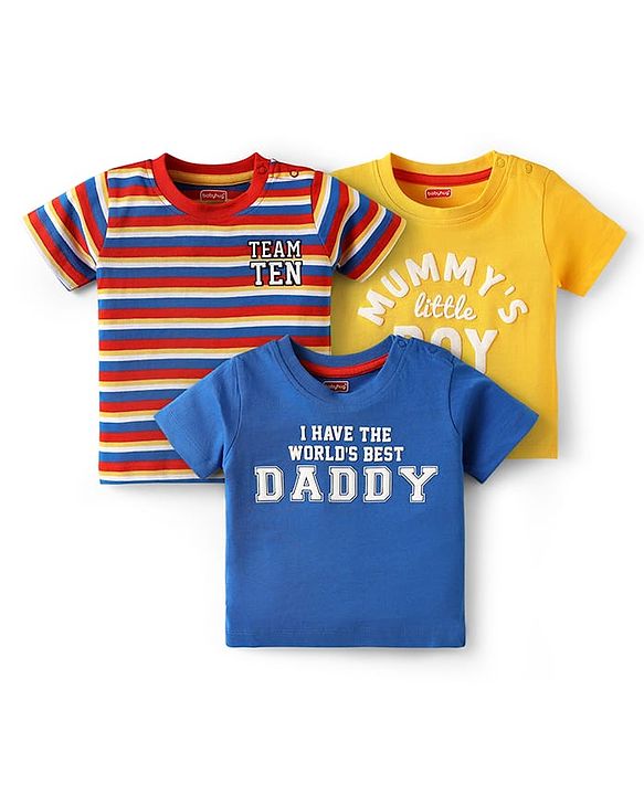 Babyhug Cotton Knit Half Sleeves T-Shirts with Text Print & Stripes Pack of 3 - Yellow Blue & White