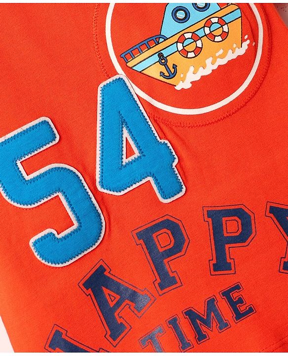 Babyhug Cotton Knit Half Sleeves T-Shirts With Badge Detailing & Happy Time Text Print - Orange