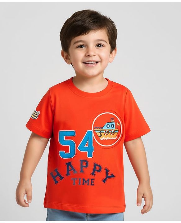 Babyhug Cotton Knit Half Sleeves T-Shirts With Badge Detailing & Happy Time Text Print - Orange