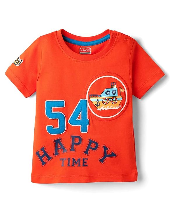 Babyhug Cotton Knit Half Sleeves T-Shirts With Badge Detailing & Happy Time Text Print - Orange