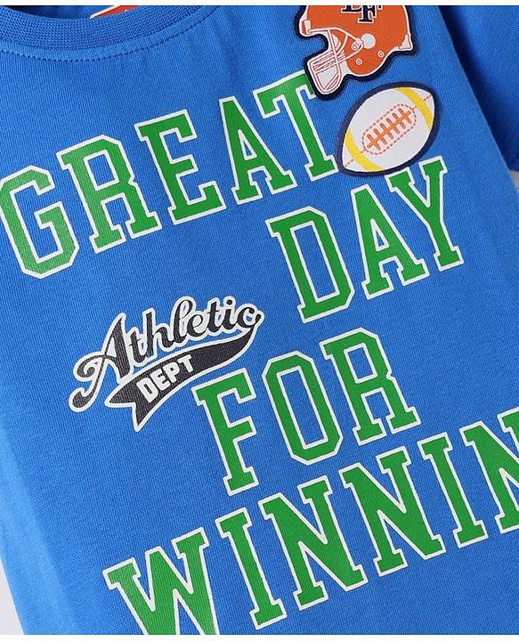 Babyhug Cotton Knit Half Sleeves T-Shirt With Great Day For Winning Text Print - Blue