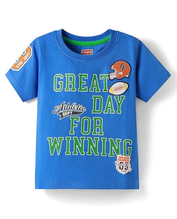 Babyhug Cotton Knit Half Sleeves T-Shirt With Great Day For Winning Text Print - Blue