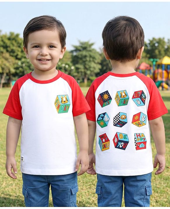 Babyhug Cotton Knit Half Raglan Sleeves T-Shirt With Fun Day Front & Back Text Print - Red & White