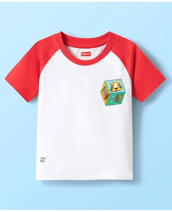 Babyhug Cotton Knit Half Raglan Sleeves T-Shirt With Fun Day Front & Back Text Print - Red & White