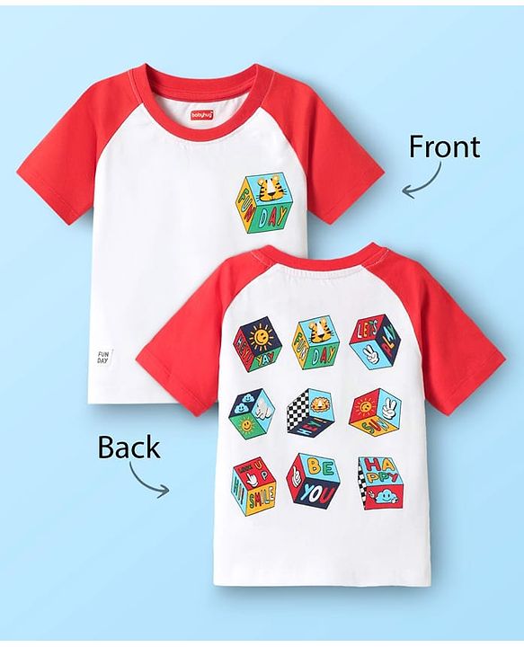 Babyhug Cotton Knit Half Raglan Sleeves T-Shirt With Fun Day Front & Back Text Print - Red & White