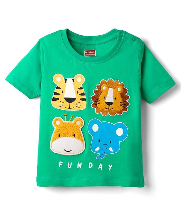 Babyhug Cotton Knit Half Sleeves T-Shirt with Animal Print & Patch Detailing - Green