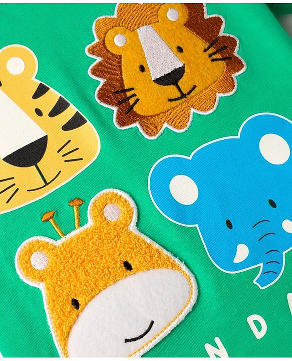 Babyhug Cotton Knit Half Sleeves T-Shirt with Animal Print & Patch Detailing - Green