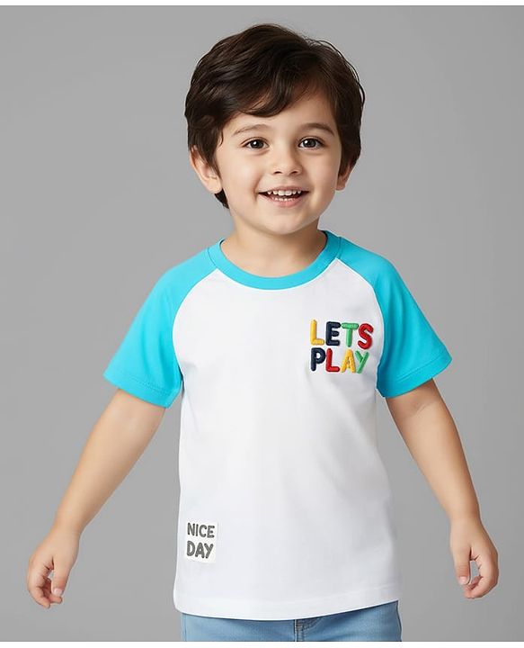 Babyhug Cotton Knit Half Raglan Sleeves Oversized T-Shirt With Lets Play Embroidery Text Print -Light Blue & White