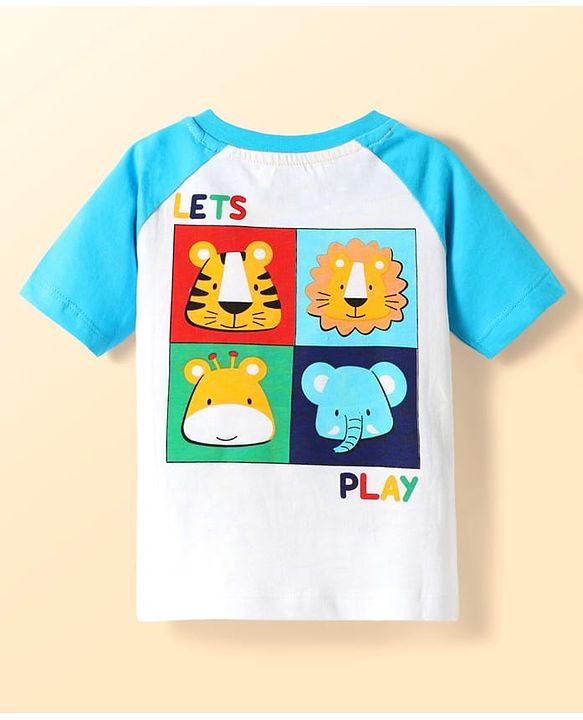 Babyhug Cotton Knit Half Raglan Sleeves Oversized T-Shirt With Lets Play Embroidery Text Print -Light Blue & White
