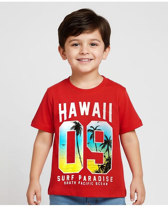 Babyhug Cotton Knit Half Sleeves T-Shirt With Hawaii Text Print - Red