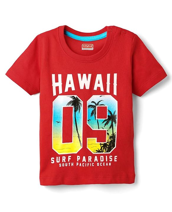 Babyhug Cotton Knit Half Sleeves T-Shirt With Hawaii Text Print - Red