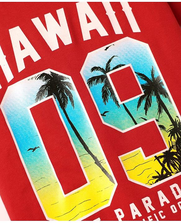 Babyhug Cotton Knit Half Sleeves T-Shirt With Hawaii Text Print - Red
