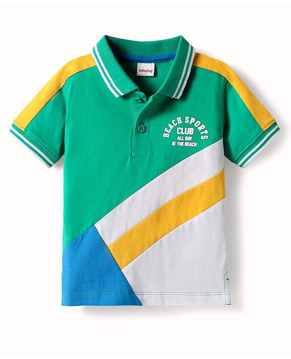 Babyhug Cotton Knit Half Sleeves Cut & Sew Polo T-Shirt With Beach Sport Print - Light Green