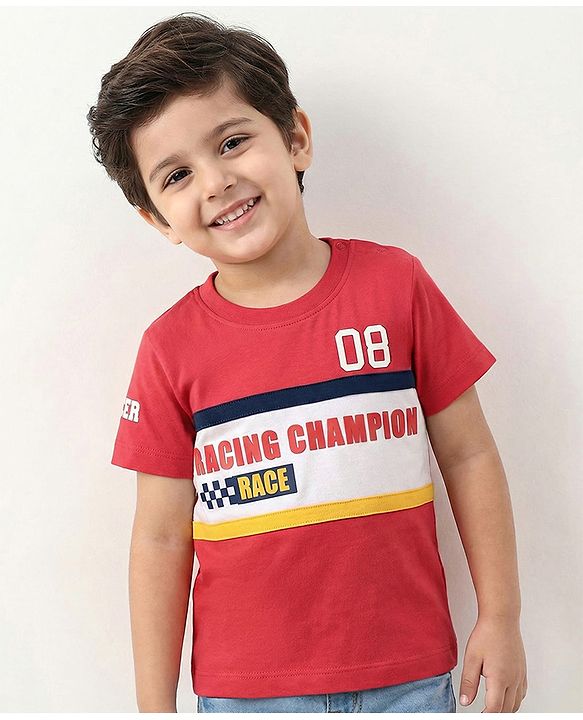 Babyhug Cotton Knit Half Sleeves T-Shirt with Racing Champion Print - Red & White