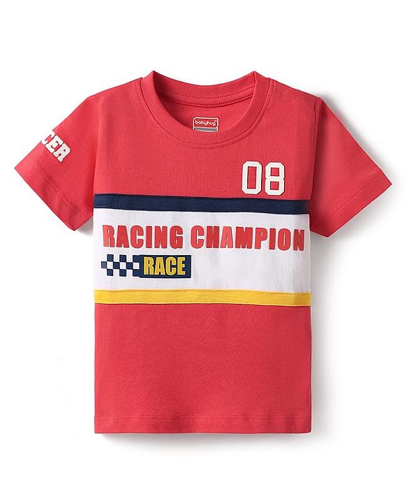 Babyhug Cotton Knit Half Sleeves T-Shirt with Racing Champion Print - Red & White