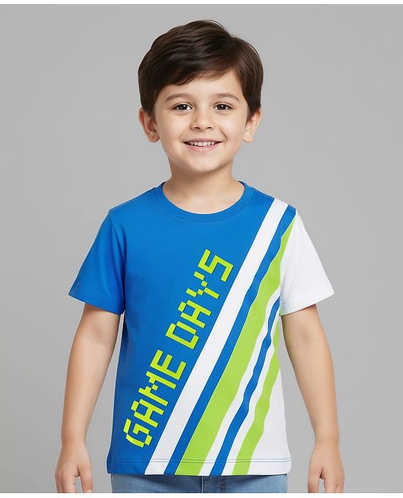 Babyhug Cotton Knit Half Sleeves T-shirt With Games Day Text Print - Blue