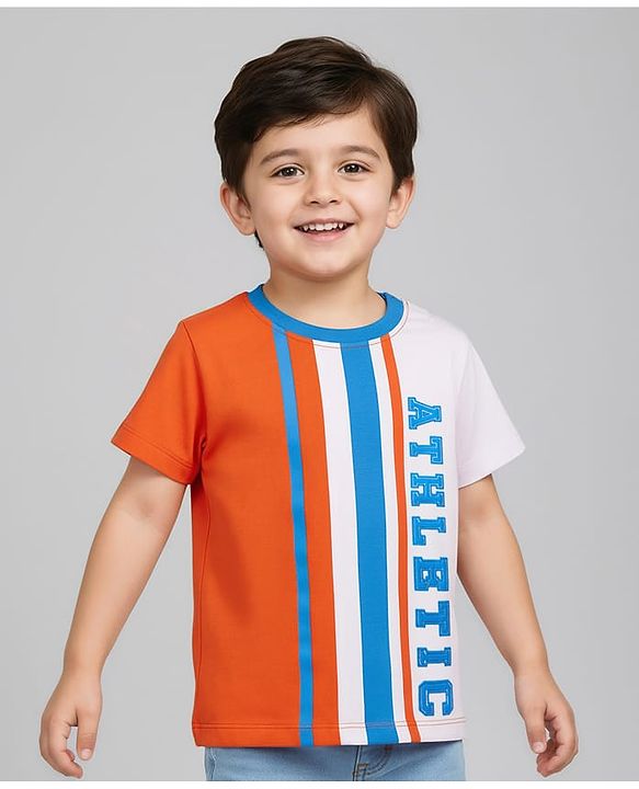 Babyhug Cotton Knit Half Sleeves T-Shirt with Athletic Text Print - Orange & White