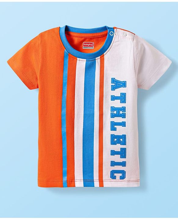 Babyhug Cotton Knit Half Sleeves T-Shirt with Athletic Text Print - Orange & White