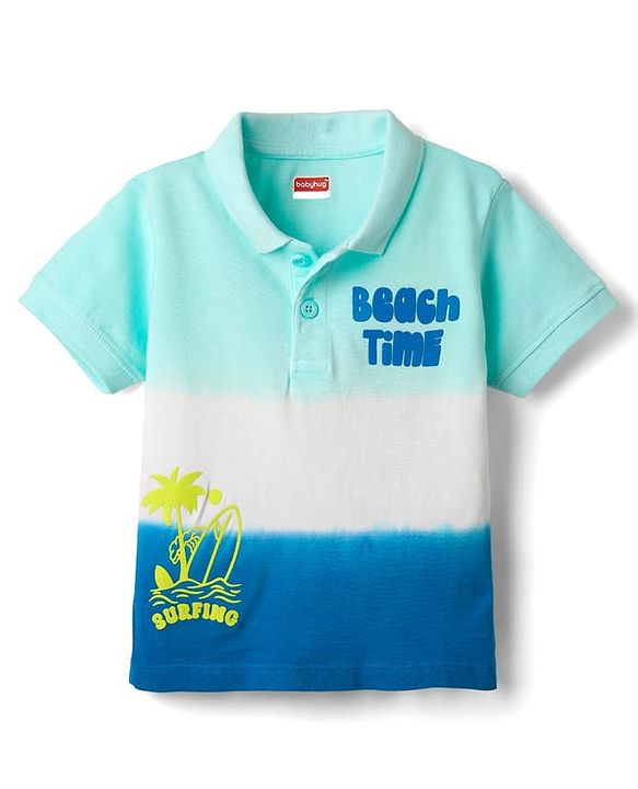 Babyhug 100% Cotton Knit Polo T-Shirt with Beach Theme HD Print - Blue