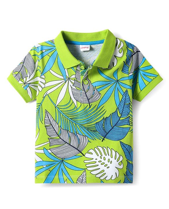 Babyhug Cotton Knit Half Sleeves Polo T-Shirt With Leaves Print - Green & Blue