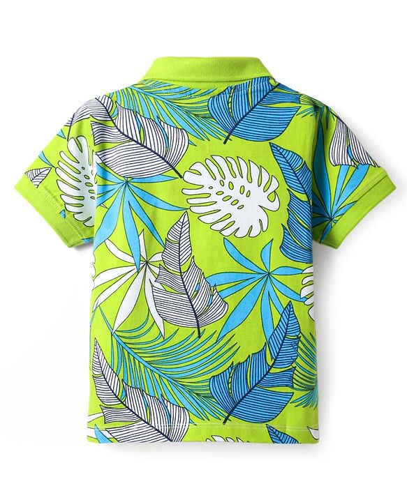 Babyhug Cotton Knit Half Sleeves Polo T-Shirt With Leaves Print - Green & Blue
