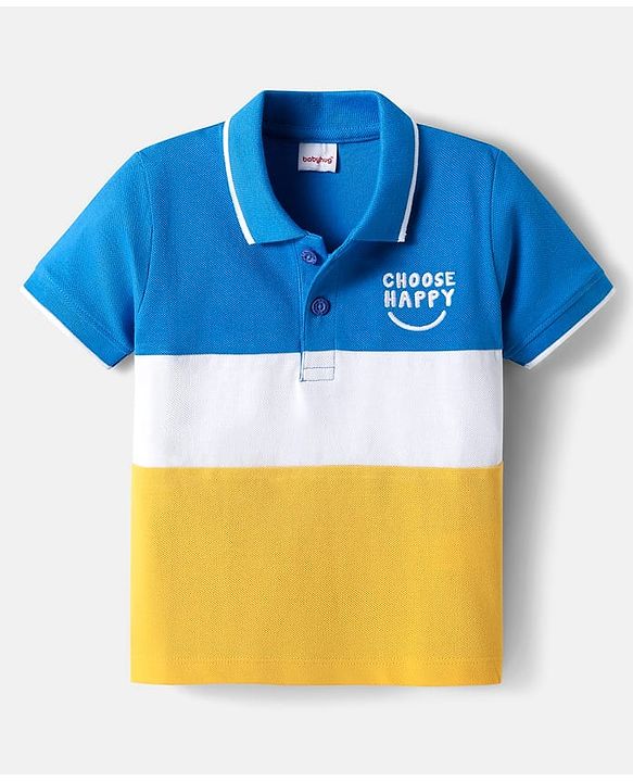 Babyhug Cotton Knit Half Sleeves Cut & Sew Polo T-Shirt With Choose Happy Embroidery Detailing - Blue & White