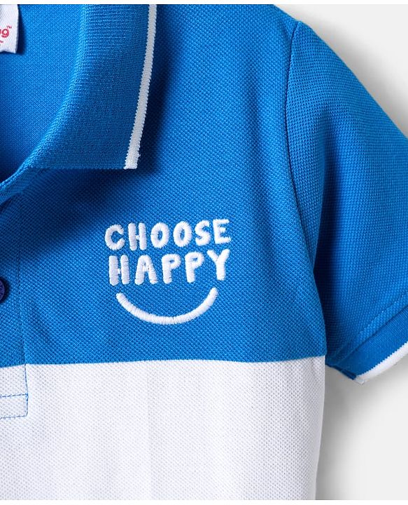 Babyhug Cotton Knit Half Sleeves Cut & Sew Polo T-Shirt With Choose Happy Embroidery Detailing - Blue & White