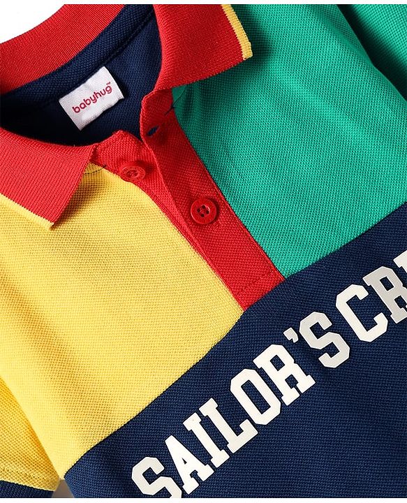 Babyhug Cotton Knit Half Sleeves Cut & Sew Polo T-Shirt With Sailors Crew Text Print - Navy Blue & Yellow