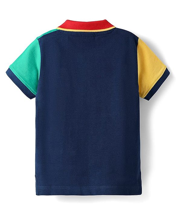 Babyhug Cotton Knit Half Sleeves Cut & Sew Polo T-Shirt With Sailors Crew Text Print - Navy Blue & Yellow