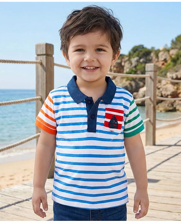 Babyhug Cotton Knit Half Sleeves Polo T-Shirt With Stripes - Blue & White