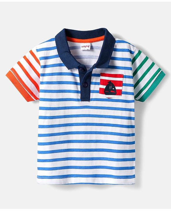 Babyhug Cotton Knit Half Sleeves Polo T-Shirt With Stripes - Blue & White