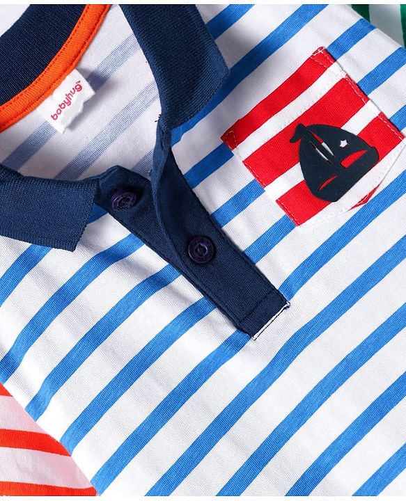Babyhug Cotton Knit Half Sleeves Polo T-Shirt With Stripes - Blue & White