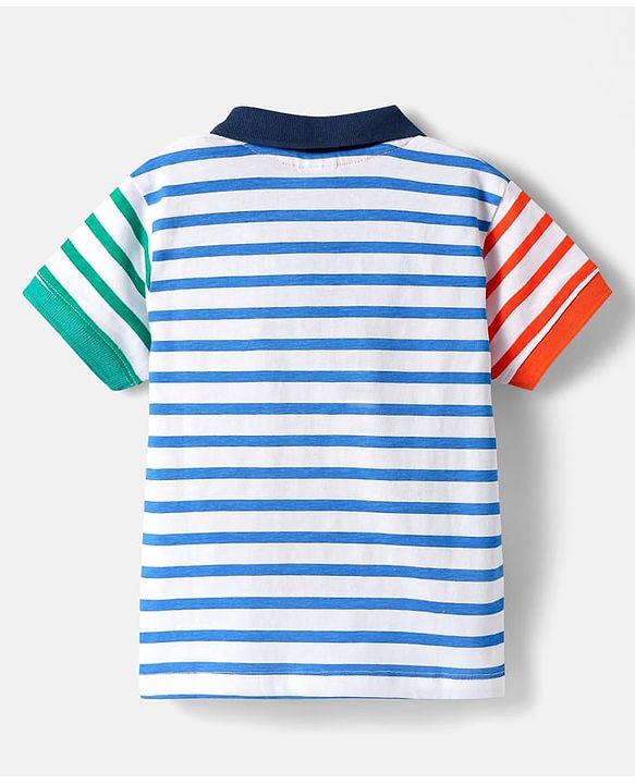 Babyhug Cotton Knit Half Sleeves Polo T-Shirt With Stripes - Blue & White