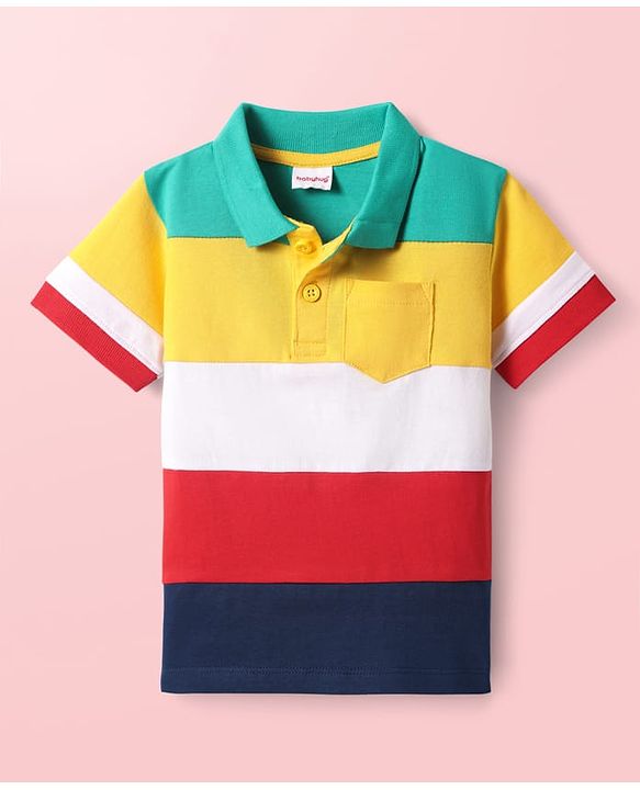 Babyhug Cotton Knit Half Sleeves Cut & Sew Polo T-Shirt With Stripes - Green & Yellow