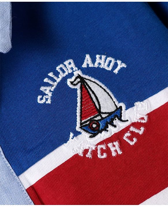 Babyhug Cotton Knit Half Sleeves Cut & Sew Polo T-Shirt With Yatch Club Embroidery - Blue