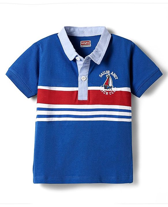Babyhug Cotton Knit Half Sleeves Cut & Sew Polo T-Shirt With Yatch Club Embroidery - Blue