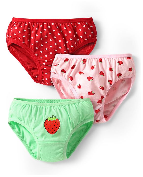 Babyhug 100% Single Jersey Knit Panties With Tropical Theme & Polka Dots Print Pack Of 3 - Red Pink & Light Green