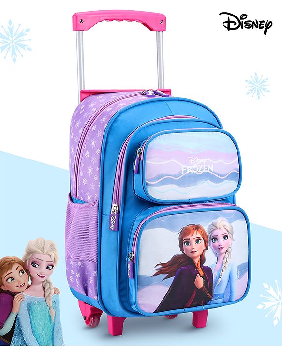 Babyhug Disney Frozen Sisters Trolley Backpack|2 Compartments, 2 Front Pockets, 2 side Bottle Pockets|Water Resistant|Long lasting & Durable Zippers|For School & Outdoors|Blue- 15.8 inches