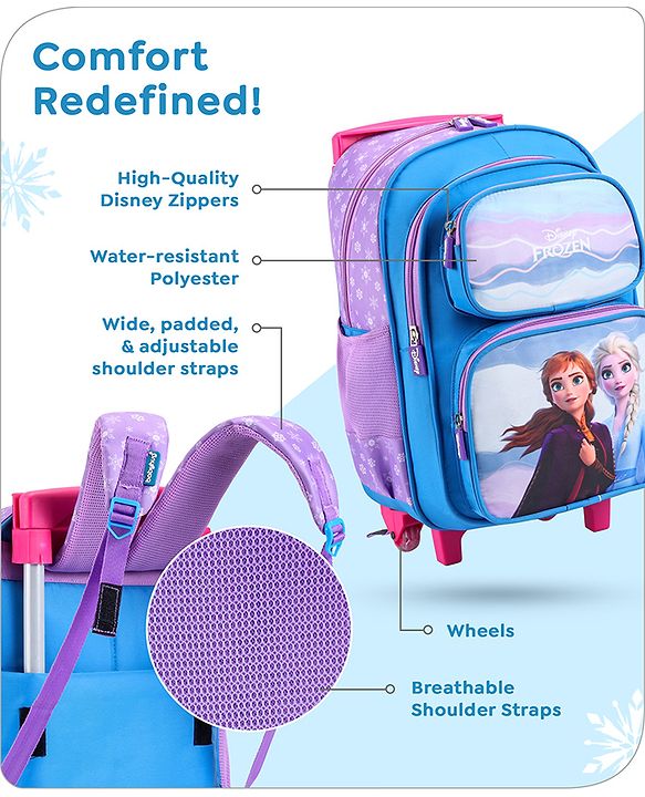 Babyhug Disney Frozen Sisters Trolley Backpack|2 Compartments, 2 Front Pockets, 2 side Bottle Pockets|Water Resistant|Long lasting & Durable Zippers|For School & Outdoors|Blue- 15.8 inches