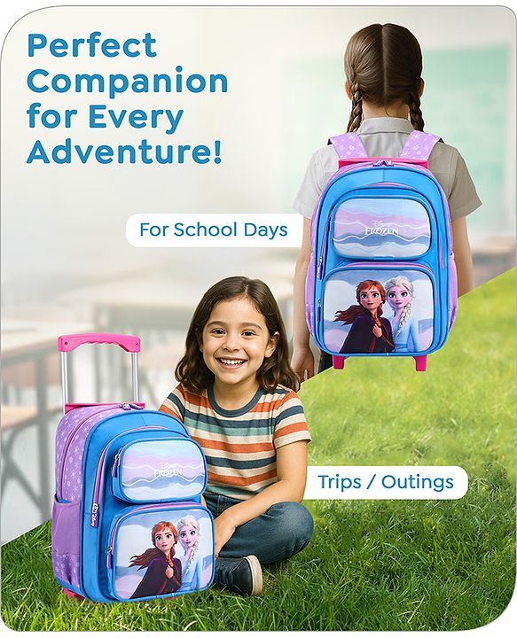 Babyhug Disney Frozen Sisters Trolley Backpack|2 Compartments, 2 Front Pockets, 2 side Bottle Pockets|Water Resistant|Long lasting & Durable Zippers|For School & Outdoors|Blue- 15.8 inches