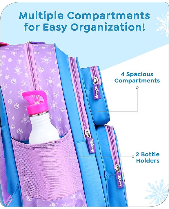 Babyhug Disney Frozen Sisters Trolley Backpack|2 Compartments, 2 Front Pockets, 2 side Bottle Pockets|Water Resistant|Long lasting & Durable Zippers|For School & Outdoors|Blue- 15.8 inches