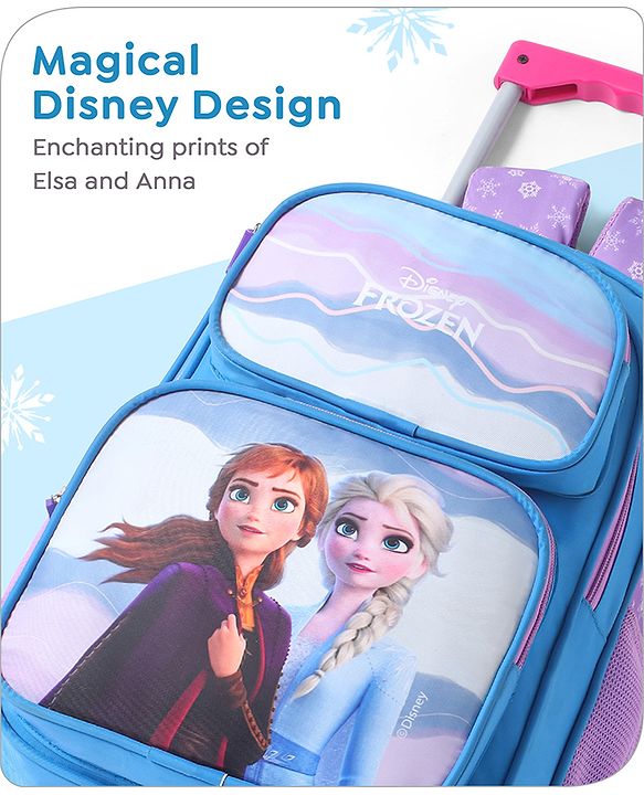 Babyhug Disney Frozen Sisters Trolley Backpack|2 Compartments, 2 Front Pockets, 2 side Bottle Pockets|Water Resistant|Long lasting & Durable Zippers|For School & Outdoors|Blue- 15.8 inches