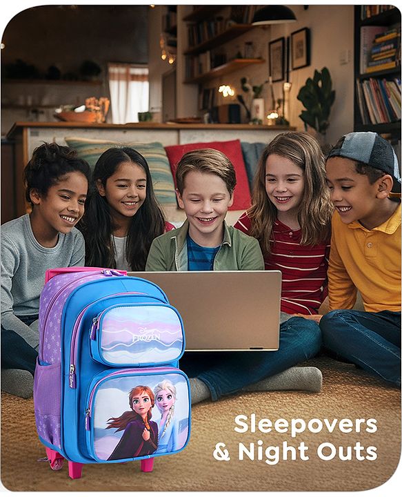 Babyhug Disney Frozen Sisters Trolley Backpack|2 Compartments, 2 Front Pockets, 2 side Bottle Pockets|Water Resistant|Long lasting & Durable Zippers|For School & Outdoors|Blue- 15.8 inches