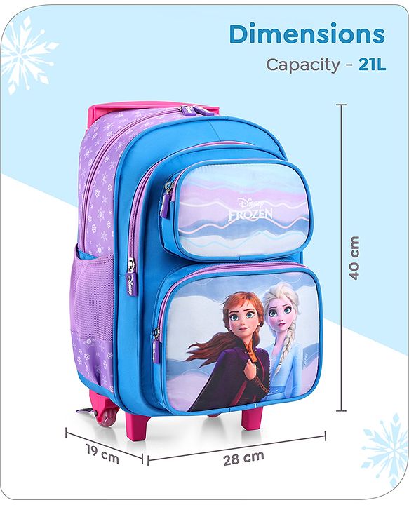 Babyhug Disney Frozen Sisters Trolley Backpack|2 Compartments, 2 Front Pockets, 2 side Bottle Pockets|Water Resistant|Long lasting & Durable Zippers|For School & Outdoors|Blue- 15.8 inches