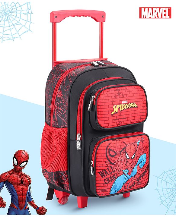 Babyhug Marvel Avengers Spiderman Trolley Backpack|2 Compartments,2 Front Pockets,2 side Bottle Pockets|Water Resistant|Long lasting & Durable Zippers | For School & Outdoors|Red Black- 15.8 inches