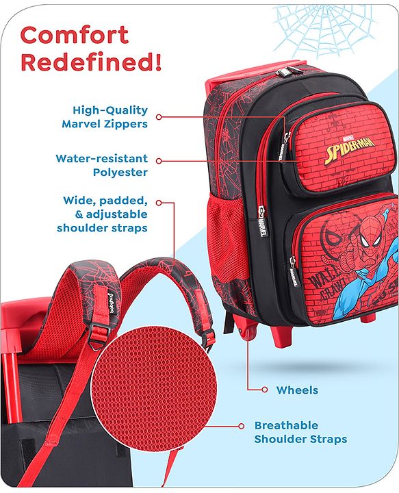 Babyhug Marvel Avengers Spiderman Trolley Backpack|2 Compartments,2 Front Pockets,2 side Bottle Pockets|Water Resistant|Long lasting & Durable Zippers | For School & Outdoors|Red Black- 15.8 inches